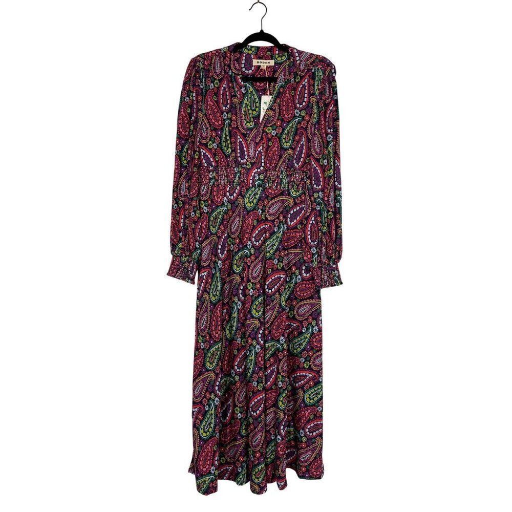 Boden Womens Midi Dress UK 12R US 8R Red Paisley Ivy Smocked V Neck D1034 NWT - Picture 2 of 12